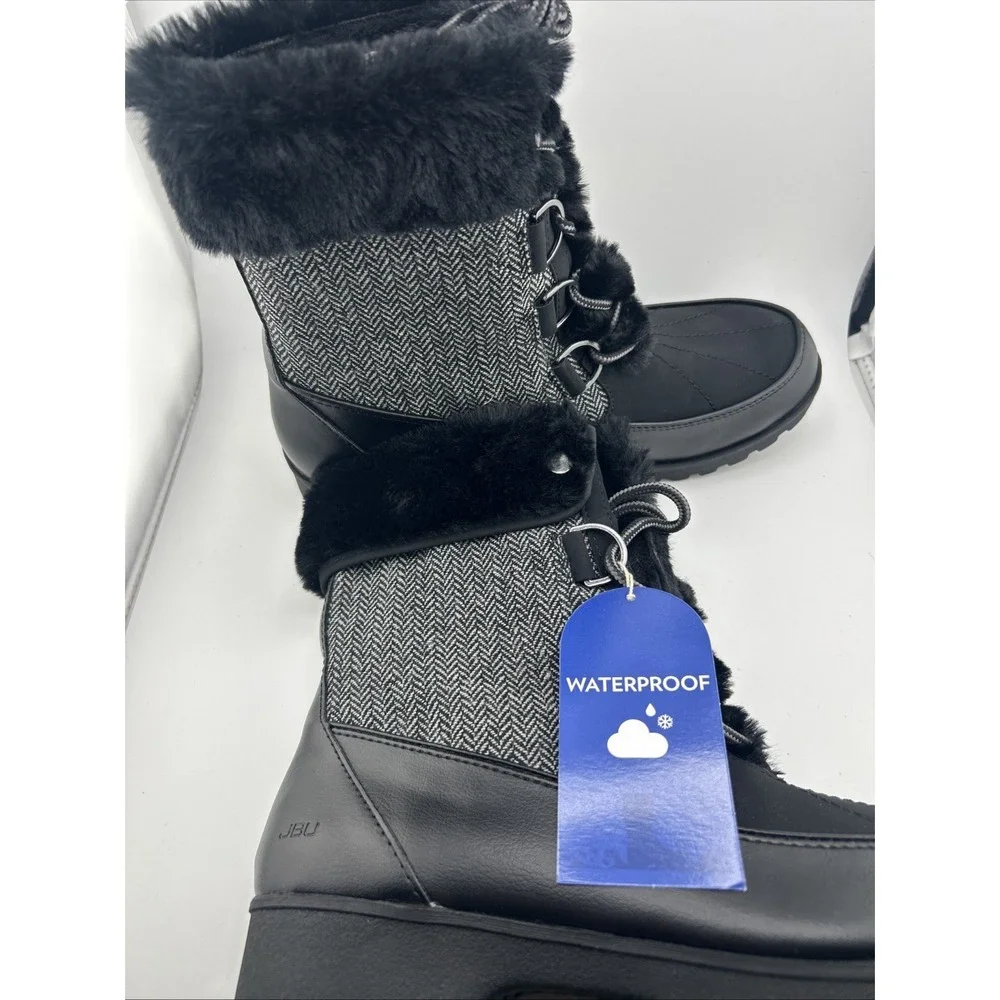 JBU Duck Boots Women 8.5 Black Grey Waterproof Herringbone Faux Fur Winter Snow